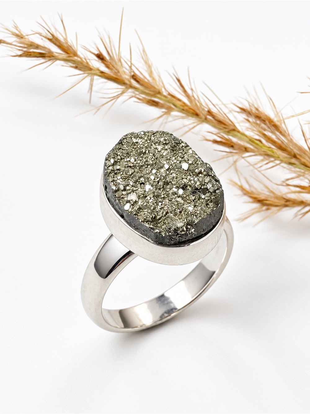925 Sterling Silver Druzy Peru Pyrite Oval Ring in S925 adjustable size